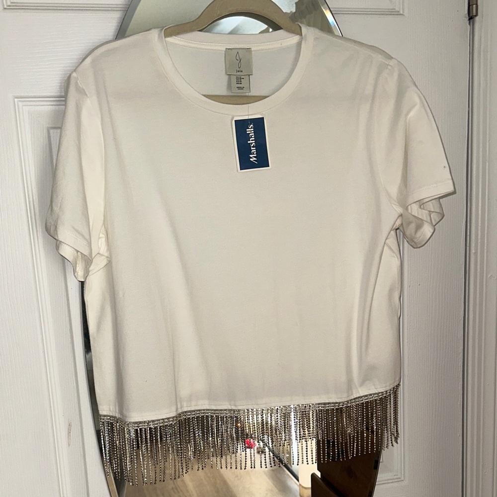 Joie White Crop Top with Silver Rhinestone Fringe